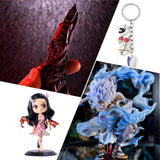 Collage of porducts: Nezuko Figurine, Sukuna Finger, Luffy Gear 5 Figurine and Attack on Titan Keychain